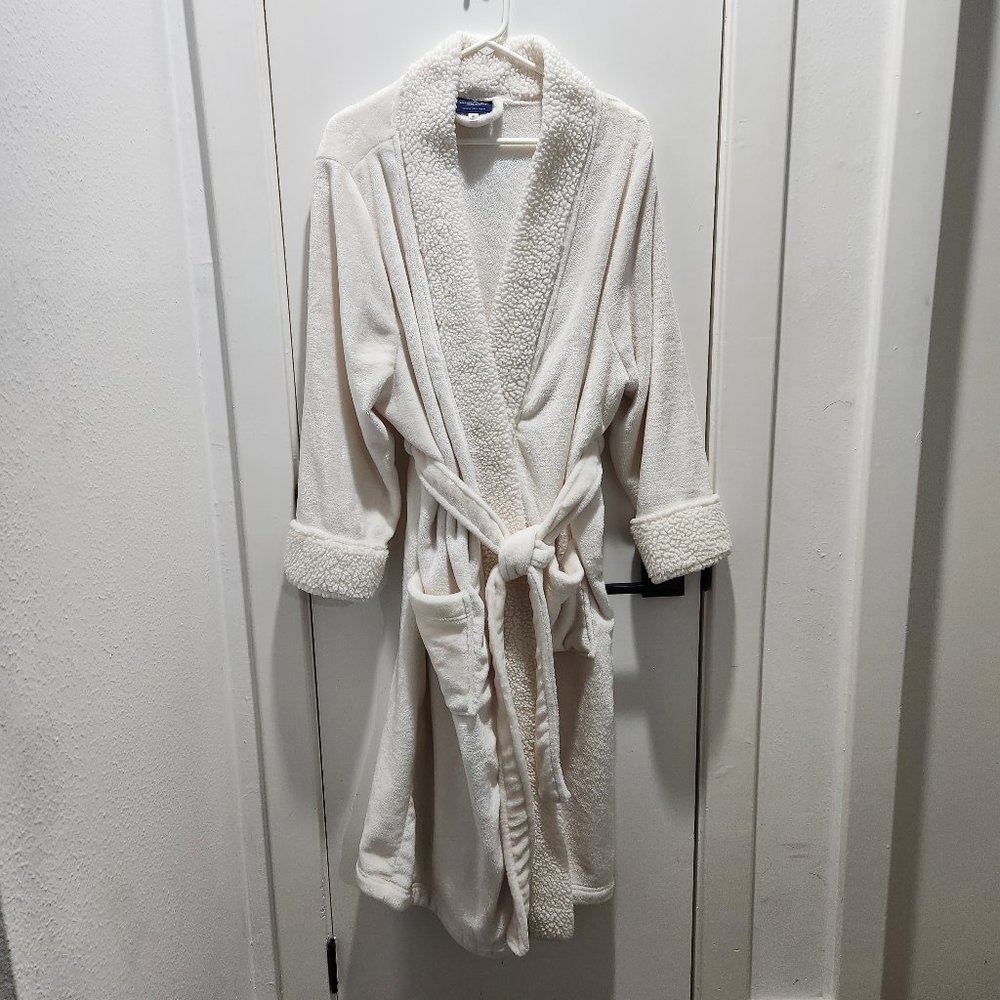 Berkshire Blanket Robe Womens XL Plush Belted Pockets Sherpa Trim Cream Ivory